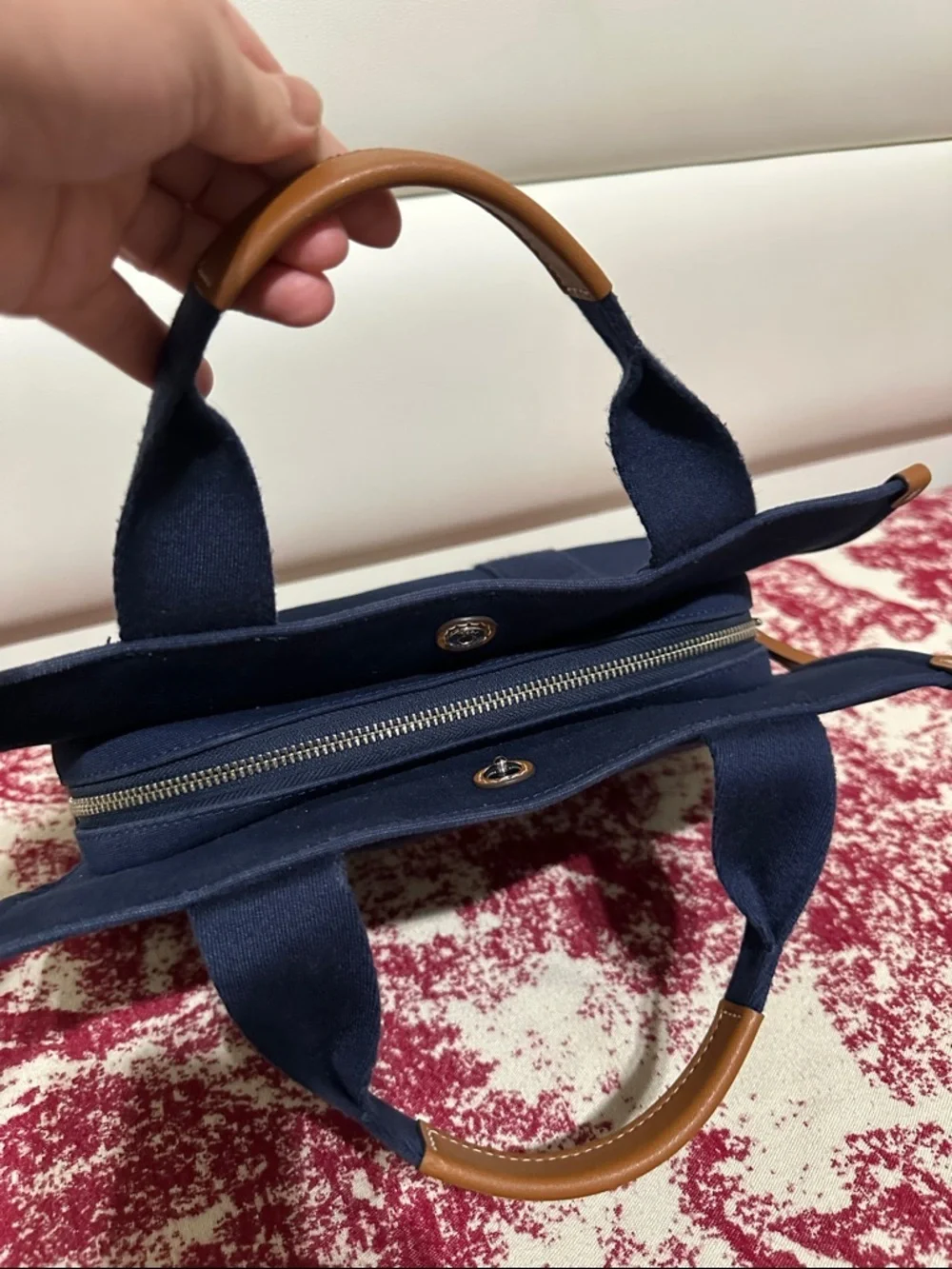 Tory Burch Navy Canvas 2-Way Bag with Tan Leather Trim